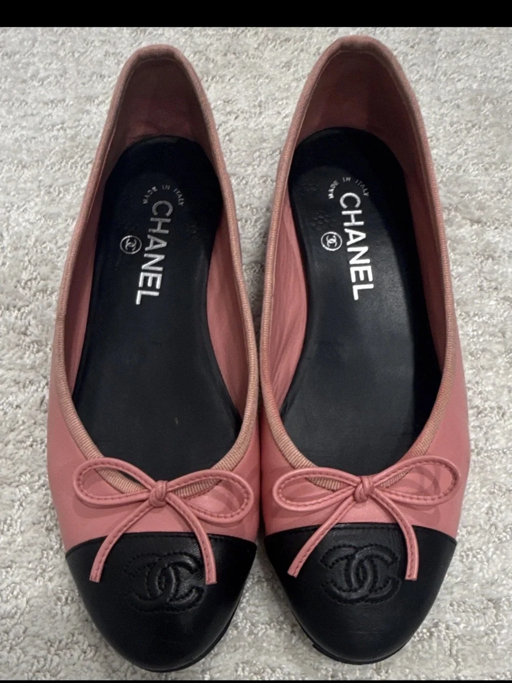 Chanel Pink and Black Cap-Toe Ballet Flats